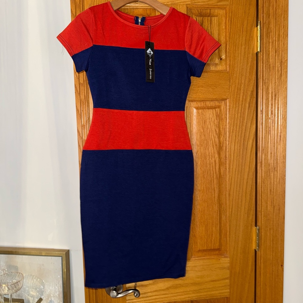 Elegant Red and Blue Colorblock Dress